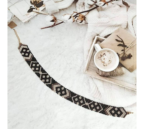 Beaded necklace "Lesya Ukrainka" black — Hutsul handmade decoration