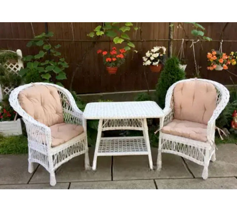 2 "Regular" chairs with beige cushions and a Kitchen table