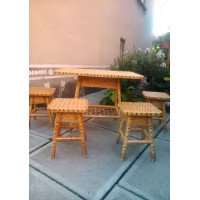 "Kitchen" set with dark stools.