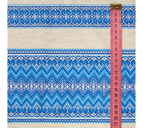 Ethno-fabric with blue ornament for decor Rendezvous-8 TDK-110-KL 1/6, per meter.