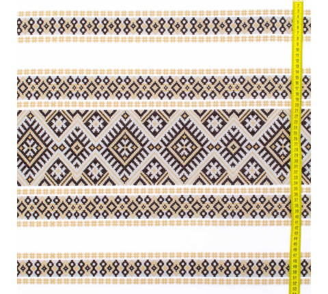 Ethno-jacquard fabric for tablecloths Red Ruta-2 TDK-J-212 1/4 beige ornament, running meter.