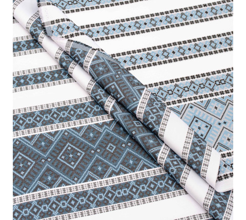 Ethno-jacquard fabric for tablecloths Red Ruta-2 TDK-J-212 1/2 blue ornament, linear meter.