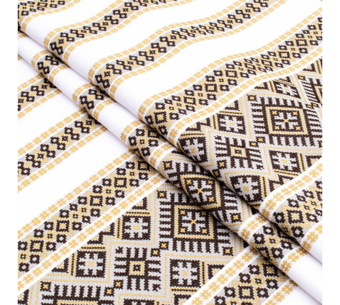 Ethno-jacquard fabric for tablecloths Red Ruta-2 TDK-J-212 1/4 beige ornament, running meter.