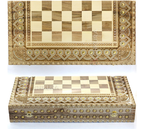 Souvenir chess + backgammon + checkers 50 x 50 cm. Beads + Copper