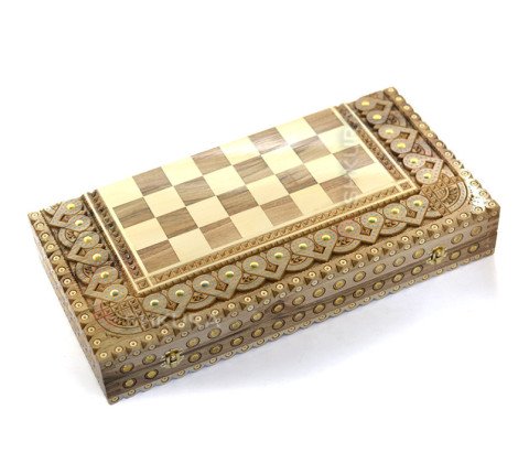 Souvenir chess + backgammon + checkers 50 x 50 cm. Beads + Copper