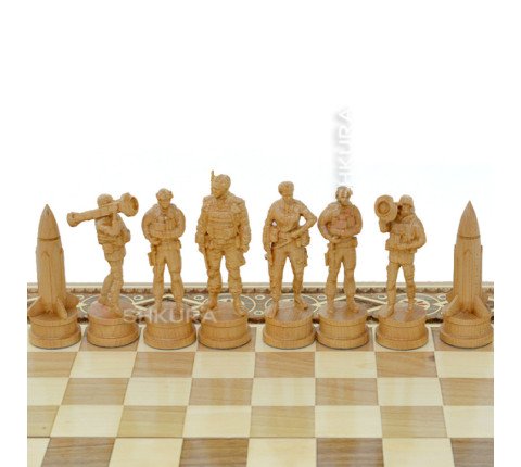 Wooden chess 3 in 1, carved "Armed Forces of Ukraine". 50x50 cm