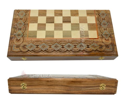 Carved Chess + Backgammon "Egypt". 50x50 cm. Inlaid with copper and beads. Handmade.