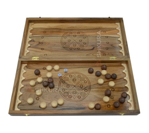 Carved Chess + Backgammon "Egypt". 50x50 cm. Inlaid with copper and beads. Handmade.