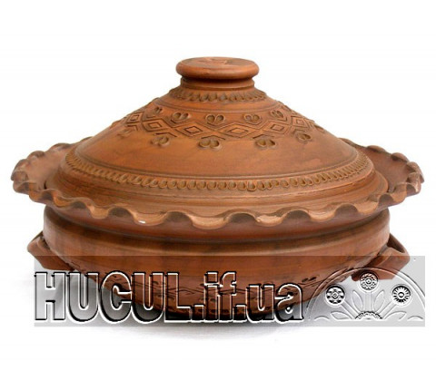 Bowl with a lid and two handles with a pattern