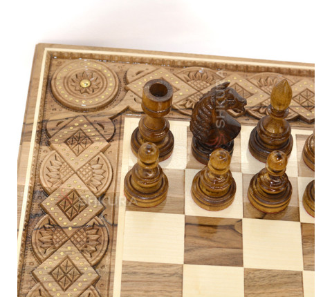 Wooden Chess + Backgammon, 50x50 cm. Inlaid with copper