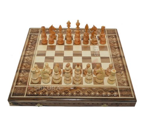 Carved chess + backgammon + checkers size 50 x 50 cm. Handcrafted