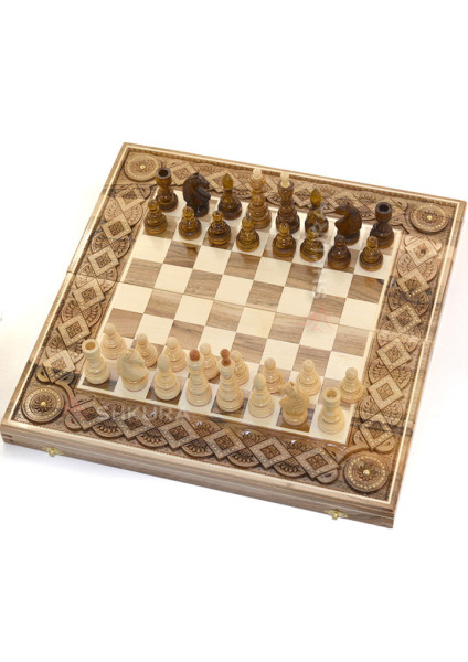 Wooden Chess + Backgammon, 50x50 cm. Inlaid with copper