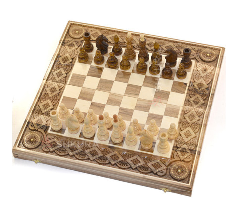 Wooden Chess + Backgammon, 50x50 cm. Inlaid with copper