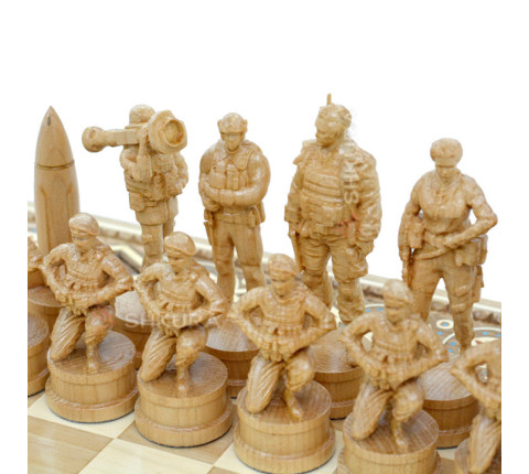 Wooden chess 3 in 1, carved "Armed Forces of Ukraine". 50x50 cm