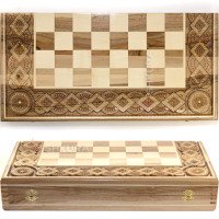 Wooden Chess + Backgammon "Hutsulshchyna", 50x50 cm. Inlaid with copper