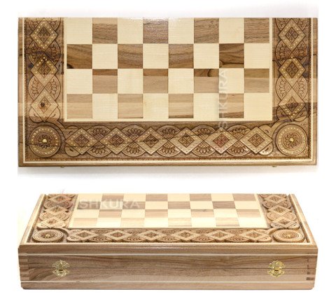 Wooden Chess + Backgammon "Hutsulshchyna", 50x50 cm. Inlaid with copper