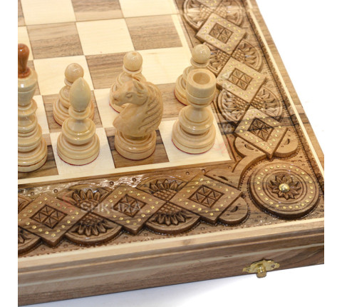 Wooden Chess + Backgammon, 50x50 cm. Inlaid with copper