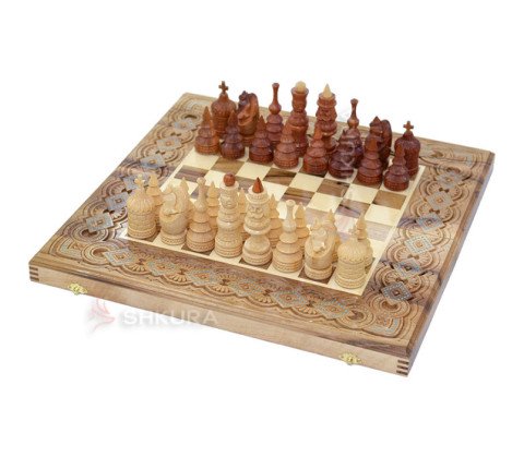 Souvenir chess + backgammon + checkers "Hutsulshchyna" 50 x 50 cm. Beads + Copper