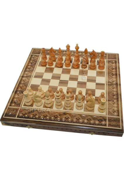 Carved chess + backgammon + checkers size 50 x 50 cm. Handcrafted