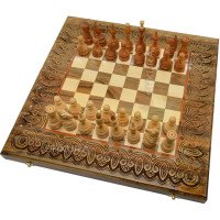 Carved chess + backgammon + checkers 50 x 50 cm. Handmade