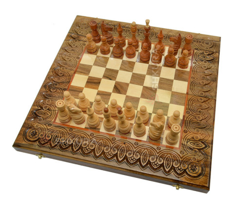 Carved chess + backgammon + checkers 50 x 50 cm. Handmade