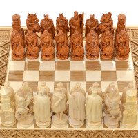 Carved Chess + Backgammon "Knights". 50x50 cm. Beads. Handmade.
