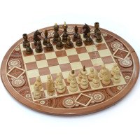 Дерев'яні, круглі Шахи + Шашки, 50 x 50 см. Інкрустація бісером
