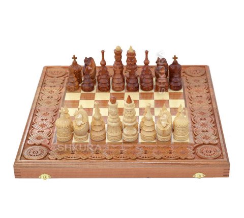 Wooden Chess + Backgammon "Hutsulshchyna", 50x50 cm. Inlaid with copper