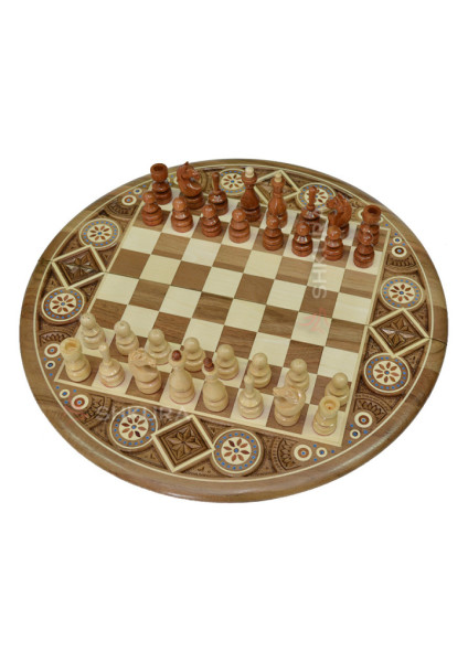 Wooden, round Chess, 40 x 40 cm. Bead inlay