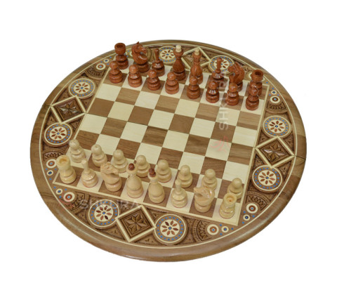Wooden, round Chess, 40 x 40 cm. Bead inlay