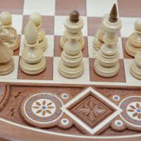 Wooden, round Chess + Checkers, 50 x 50 cm. Bead inlay