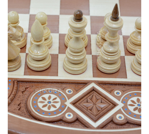 Дерев'яні, круглі Шахи + Шашки, 50 x 50 см. Інкрустація бісером