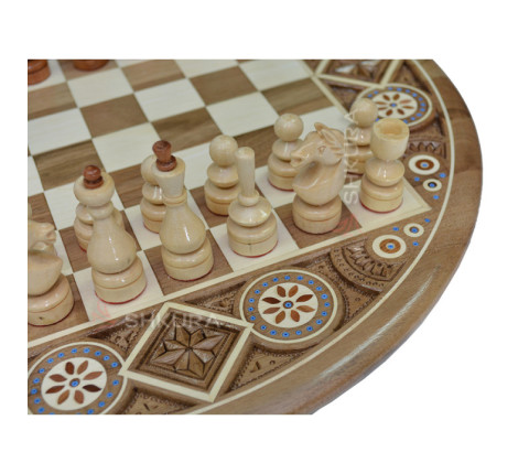 Wooden, round Chess, 40 x 40 cm. Bead inlay