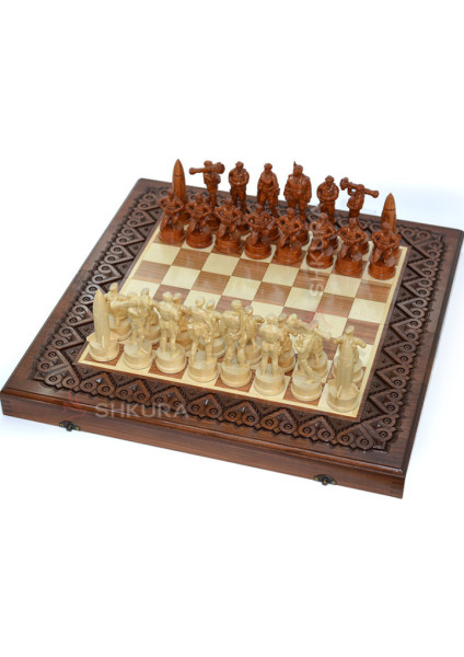Wooden chess 3 in 1, carved "Armed Forces of Ukraine". 50x50 cm