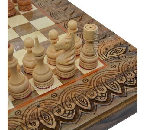 Carved chess + backgammon + checkers 50 x 50 cm. Handmade