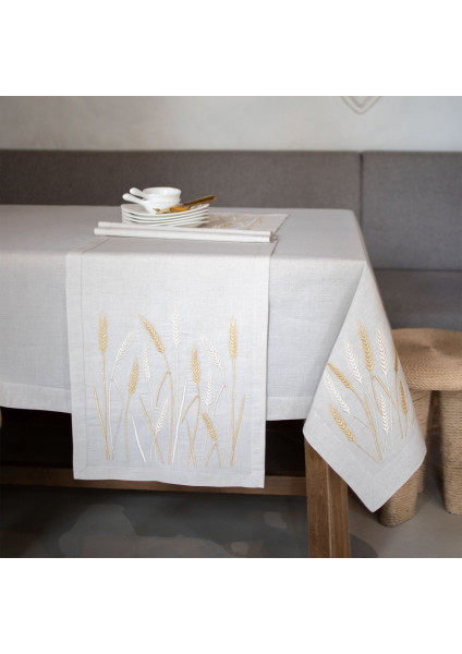 Tablecloth "Wheat Field" light beige with embroidered ears of wheat — large size 3.00×1.50 m