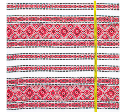 Ethno-jacquard fabric for tablecloths Red Ruta-2 TDK-J-212 1/1, linear meter.