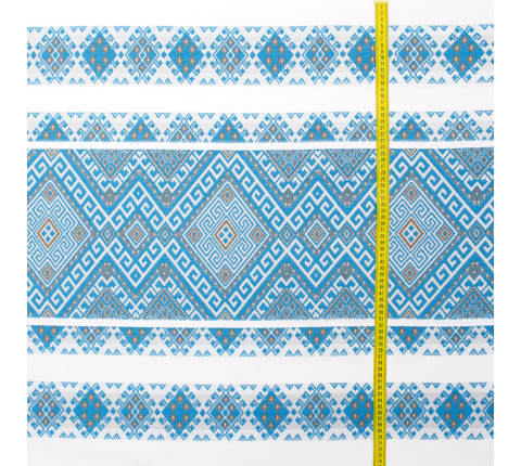 Ethno-jacquard fabric for tablecloths Smerika TDK-J-217 1/2 with blue pattern, per meter.