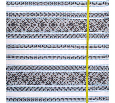 Ethno-jacquard fabric for tablecloths Red Ruta-2 TDK-J-212 1/6 blue-brown ornament, linear meter.