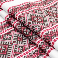 Ethno-jacquard fabric for tablecloths Red Ruta-2 TDK-J-212 1/3 red-maroon ornament, per meter.