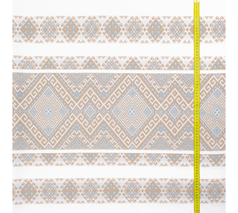 Ethno-jacquard fabric for tablecloths Smereka TDK-J-217 1/5 beige-blue ornament, running meter.