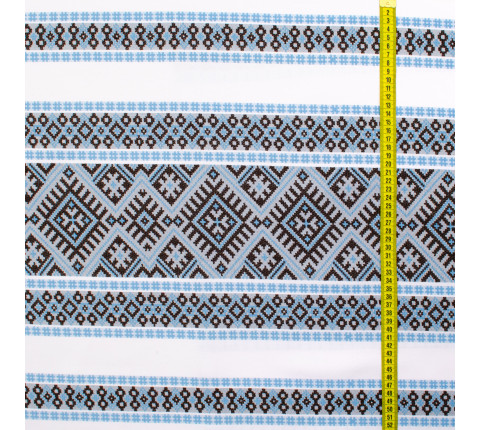 Ethno-jacquard fabric for tablecloths Red Ruta-2 TDK-J-212 1/6 blue-brown ornament, linear meter.