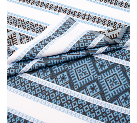 Ethno-jacquard fabric for tablecloths Red Ruta-2 TDK-J-212 1/6 blue-brown ornament, linear meter.