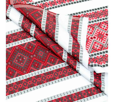 Ethno-jacquard fabric for tablecloths Red Ruta-2 TDK-J-212 1/1, linear meter.
