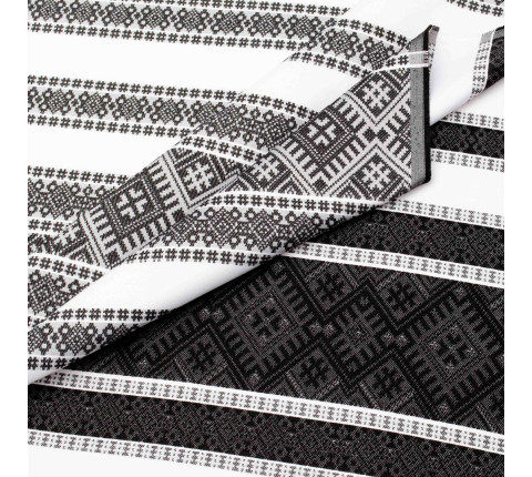 Ethno-jacquard fabric for tablecloths Red Ruta-2 TDK-J-212 1/8 black ornament, linear meter.