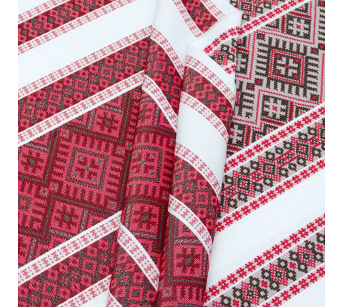 Ethno-jacquard fabric for tablecloths Red Ruta-2 TDK-Zh-212 1/3 red-maroon ornament, per meter.