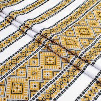 Ethno-jacquard fabric for tablecloths Red Ruta-2 TDK-J-212 1/7 mustard ornament, per meter.