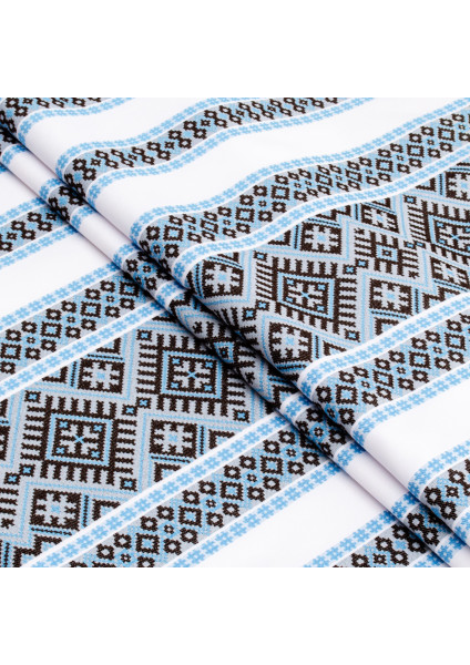 Ethno-jacquard fabric for tablecloths Red Ruta-2 TDK-J-212 1/6 blue-brown ornament, linear meter.