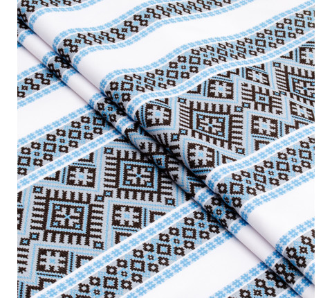 Ethno-jacquard fabric for tablecloths Red Ruta-2 TDK-J-212 1/6 blue-brown ornament, linear meter.