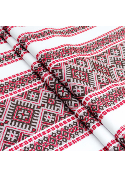 Ethno-jacquard fabric for tablecloths Red Ruta-2 TDK-Zh-212 1/3 red-maroon ornament, per meter.